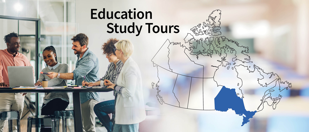 Education Study Tours. Group of educators meeting around a table with a map of Canada highlighting the province of Ontario