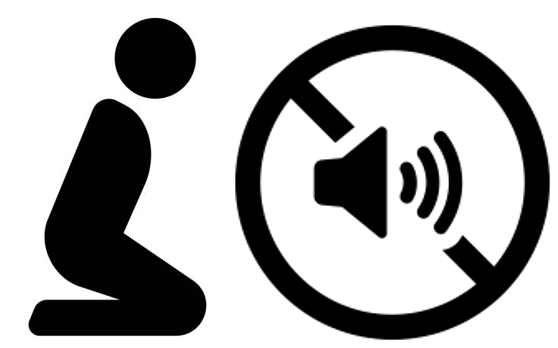 Icon of person kneeling beside volume symbol crossed out