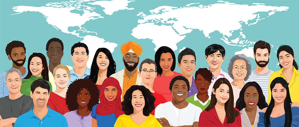 Group of diverse teachers standing together in front of a map of the world