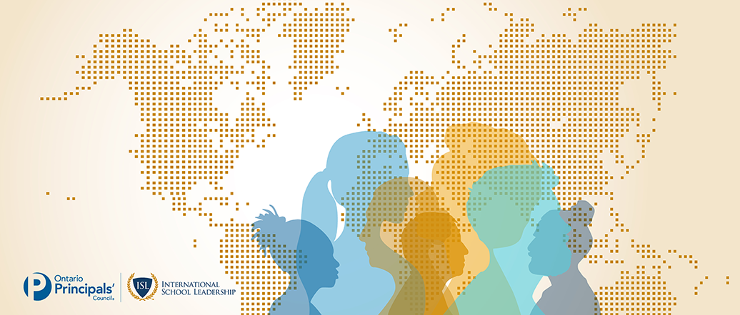 International School Leadership logo and OPC logo with digital-looking map of the world and silhouettes of various people