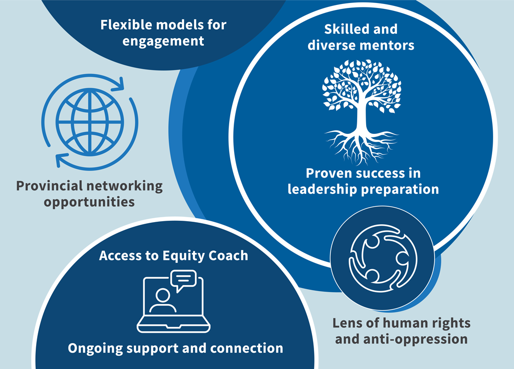 Icons showing flexible models for engagement, skilled and diverse mentors, proven success in leadership preparation, lens of human rights and anti-oppression, ongoing support and connection and access to Equity Coach. 