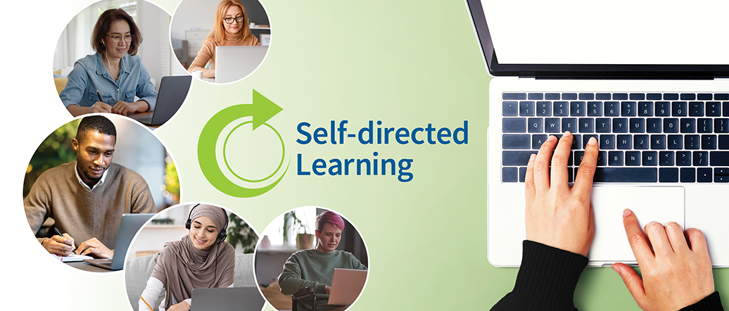 Self-directed Learning Logo with diverse range of persons working on their personal devices