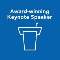Award-winning Keynote Speaker with person icon at podium with microphone