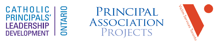 Logos for Catholic Principals Leadership Development, Principal Association Projects and Victim Services Toronto