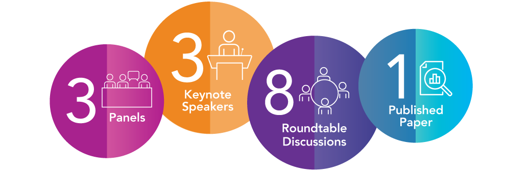 Summit overview breakdown bubbles with icons. 3 keynote speakers, 3 panels, 8 roundtable discussions and 1 published paper