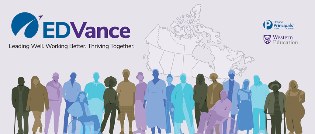 EDVance. Leading Well. Working Better. Thriving Together. Diverse group of silhouettes, Canada map and Western University logo