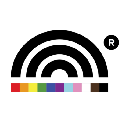 Rainbow Registered logo: a trio of concentric black arches standing over a bar of rainbow-coloured squares of the Progress Pride flag